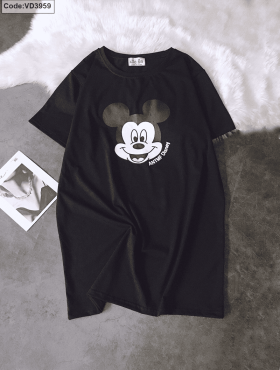 Đầm thun nữ tay ngắn in hình Mickey