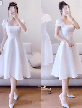 Đầm trắng xòe vải bố thái tay con giá sỉ rẻ