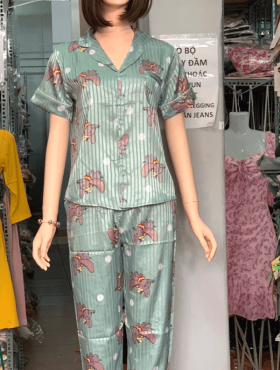 Đồ bộ nữ pijama tay ngắn quần dài in hình voi vải gấm