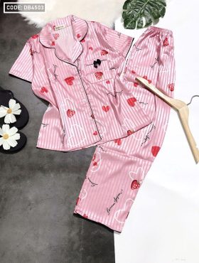 Set bộ Pijama quần dài vải gấm họa tiết trái tim