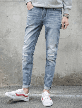 Quần jean dài nam xanh nhạt rách nhẹ