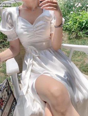 Đầm trắng phi thun xẻ đùi