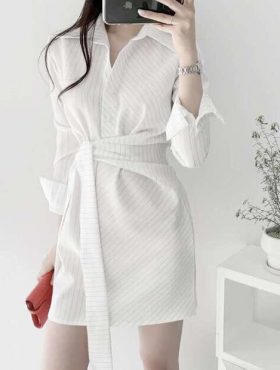Đầm sơ mi trắng vải sọc tay dài cột eo