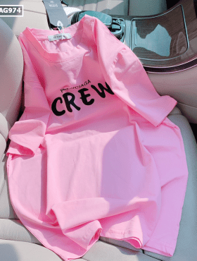 Áo thun nữ Quảng Châu màu hồng chữ Crew