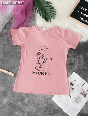 Áo thun nữ cổ tròn thêu hình Mickey