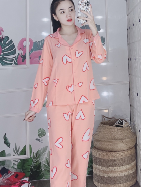 Đồ bộ nữ Pijama tay dài quần dài họa tiết trái tim vải lụa - DB5506