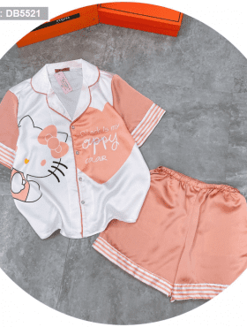 Set đồ bộ ngủ nữ Pijama hình Hello kitty quần đùi vải satin lụa hàng vic
