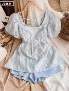 Set áo baby doll hoa nổi kết hợp quần short