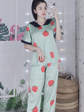 Set bộ nữ Pijama trái dâu tay ngắn quần dài vải latin cổ phối - DB5559