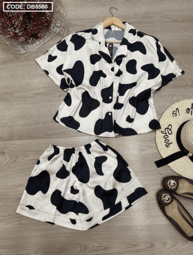 Đồ bộ nữ Pijama tay ngắn quần đùi họa tiết bò sữa chất latin