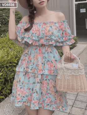 Đầm hoa bẹt vai bèo tầng