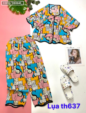 Đồ bộ nữ Pijama vải lụa thái tay ngắn quần dài gợn sóng - DB5840