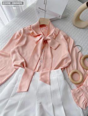 Set áo sơ mi hồng cột nơ cổ kết hợp quần short trắng - DB5929
