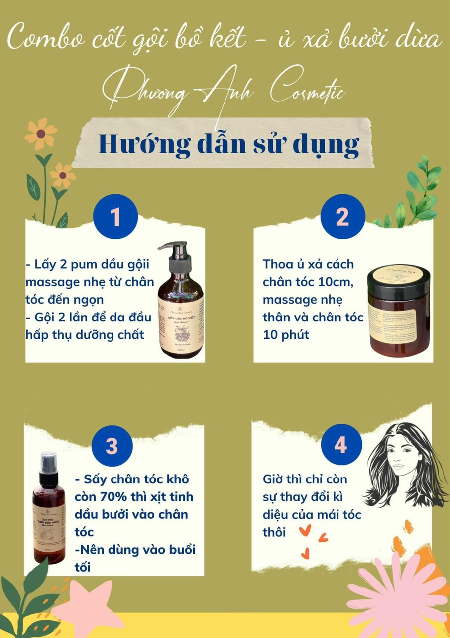 Combo Cốt Gội Bồ Kết Ủ Xả Bưởi Dừa Đun Nấu Thủ Công Phương Anh Cosmetic Tặng Kèm quà