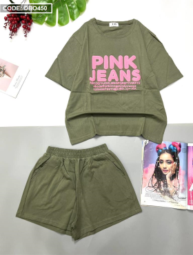 Bộ thun đùi nữ in chữ pink jeans - DBO450