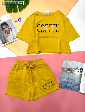 Đồ bộ thun nữ quần đùi áo thêu chữ coffe - DBO854