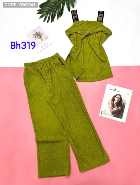 Đồ bộ nữ quần dài áo dây phối nơ - DBO941