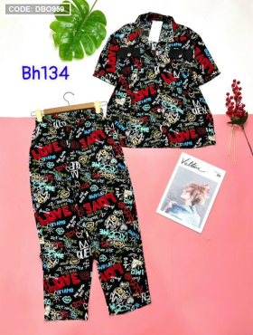 Đồ bộ pijama nữ tay ngắn quần dài áo phối túi - DBO959