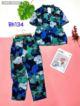 Đồ bộ pijama nữ tay ngắn quần dài áo phối túi - DBO959