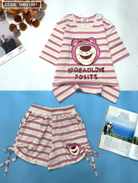Đồ bộ thun nữ quần đùi sọc áo in hình gấu hồng - DBO1007