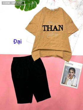 Đồ bộ thun nữ quần lửng áo thêu chữ THAN - DBO1091