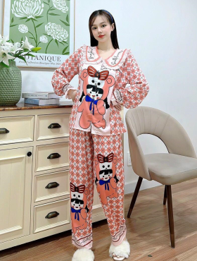 Đồ bộ pijama nữ mặc nhà tay dài cổ bèo in hình - DBO1126