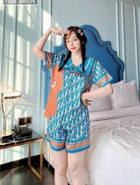 Đồ bộ pijama nữ quần đùi cổ bèo in hoạt hình - DBO1170