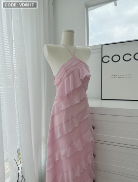 Đầm mixi hồng bèo tầng cổ yếm vải voan tơ - VD5817
