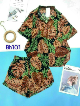 Đồ bộ nữ quần đùi áo cổ bẻ form rộng in hoa cỏ - DBO1190