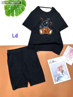 Đồ bộ lửng áo quần màu trơn tay ngắn in hình gấu - DBO1741