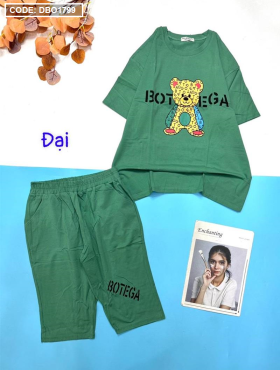 Đồ bộ quần lửng màu trơn form rộng áo in hình gấu - DBO1799