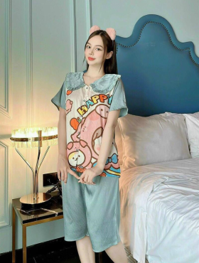 Đồ bộ pijama quần lửng áo cổ lá sen họa tiết - DBO1817