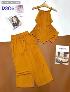 Đồ bộ áo yếm quần dài màu trơn dập ly - DBO1968