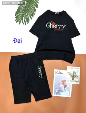 Đồ bộ quần lửng đen áo tay ngắn in chữ cherry - DBO1999