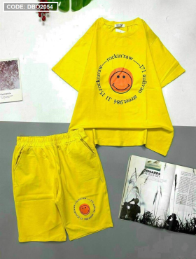 Đồ bộ quần lửng áo tay ngắn in mặt cười màu vàng - DBO2054