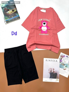 Đồ bộ quần lửng đen áo tay ngắn in hình gấu hồng - DBO2073