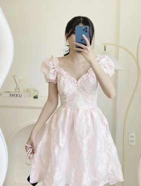 Đầm nữ hoa nổi viền ren ngực bèo hồng - VD5819