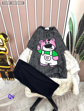 Đồ bộ quần lửng đen áo tay ngắn in hình gấu hồng - DBO2643