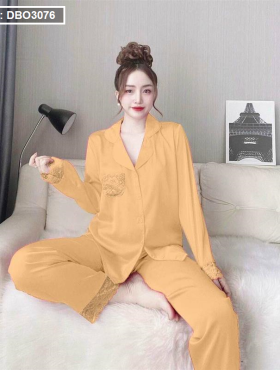 Đồ bộ quần dài pijama áo tay dài phối ren màu trơn - DBO3076