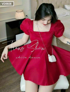 Sét áo peplum đỏ cổ vuông tay phồng + chân váy trắng - VD5928