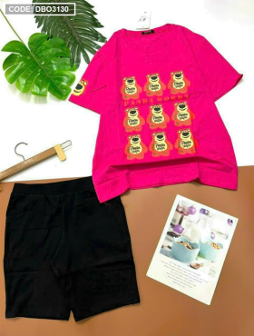 Đồ bộ quần ngố màu áo tay ngắn in hình 9 gấu hồng - DBO3130