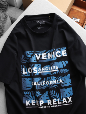 Áo Thun Nam Cổ Tròn Rurumen Màu Xanh Đen In Chữ Venice Los Angeles Big Size - AB459