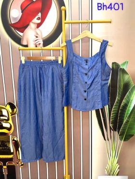 Đồ bộ quần dài ống rộng áo dây màu xanh - DBO3639