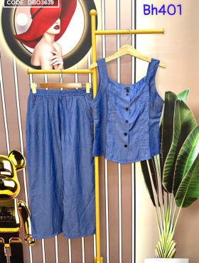 Đồ bộ quần dài ống rộng áo dây màu xanh - DBO3639
