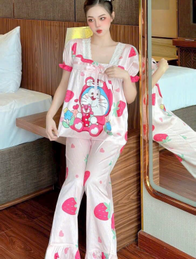 Đồ bộ pijama quần dài áo tay ngắn phồng cổ vuông họa tiết - DBO4009