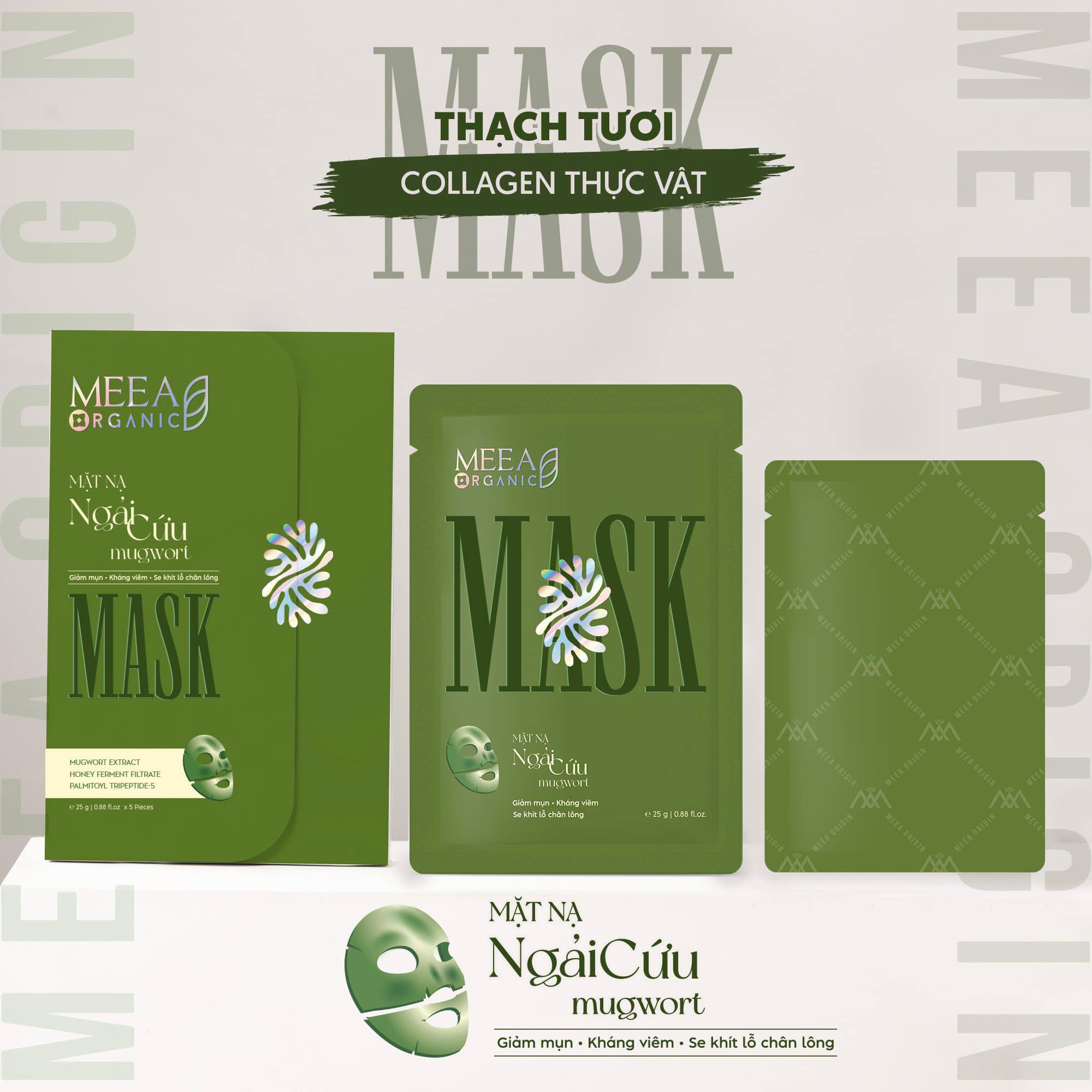 Mặt Nạ Thạch Collagen Meea Organic Màu Xanh Ngãi Cứu Mugwort Mask Hộp 5 Miếng