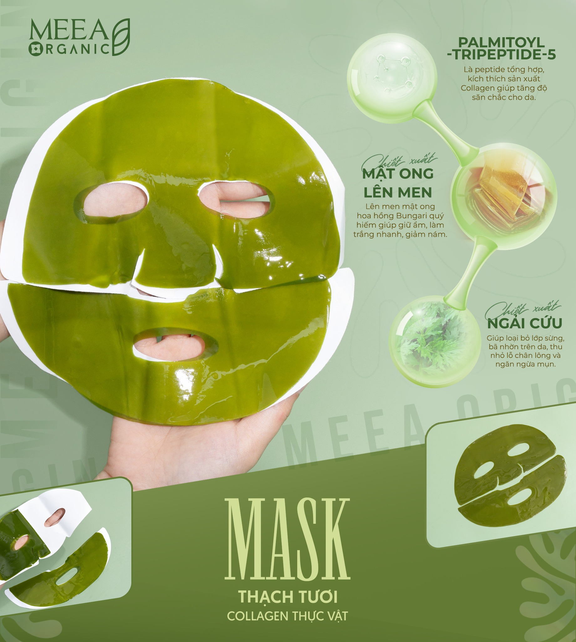 Mặt Nạ Thạch Collagen Meea Organic Màu Xanh Ngãi Cứu Mugwort Mask Hộp 5 Miếng