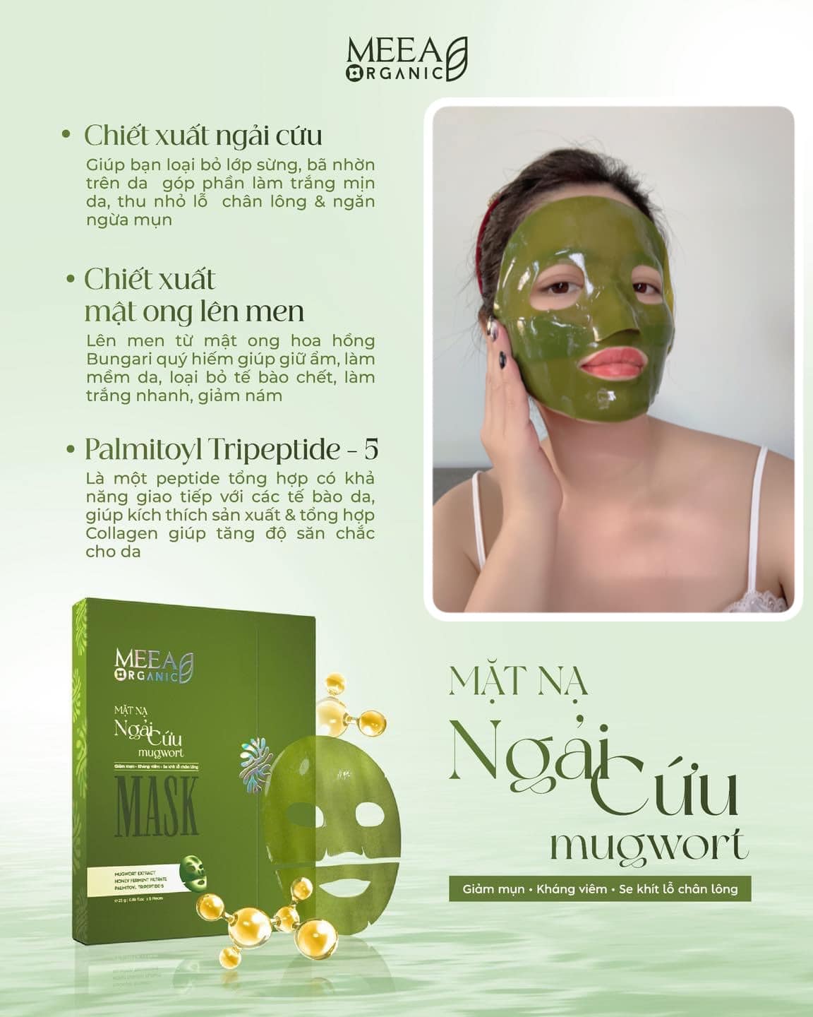 Mặt Nạ Thạch Collagen Meea Organic Màu Xanh Ngãi Cứu Mugwort Mask Hộp 5 Miếng