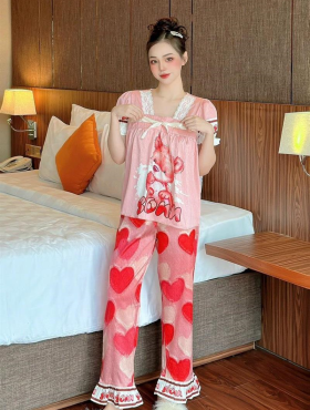 Đồ bộ pijama quần dài áo tay ngắn cổ vuông ren in họa tiết - DBO4337