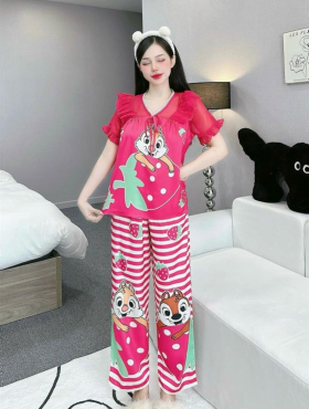 Đồ bộ pijama quần dài áo tay ngắn bèo cổ ren in họa tiết - DBO4354